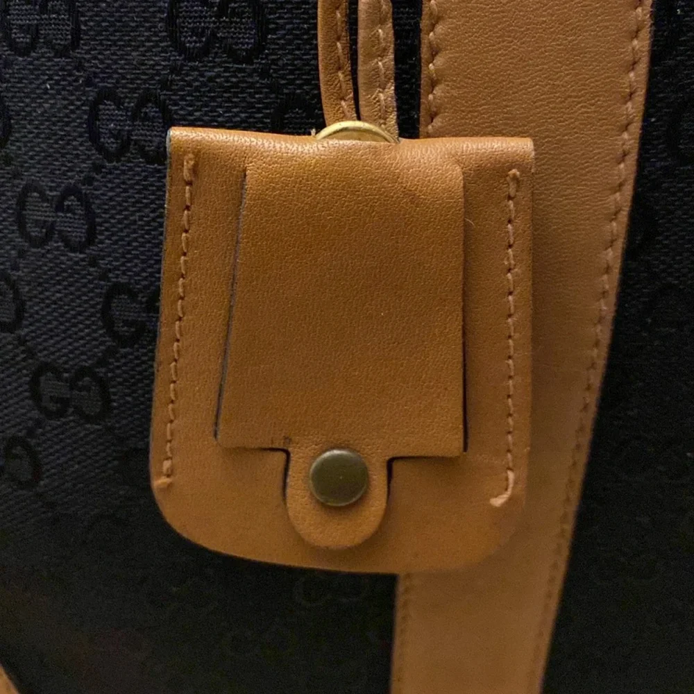 GUCCI GG vintage/rare Logo Canvas Leather Boston Travel/HandBag-Blk/Tan:COA